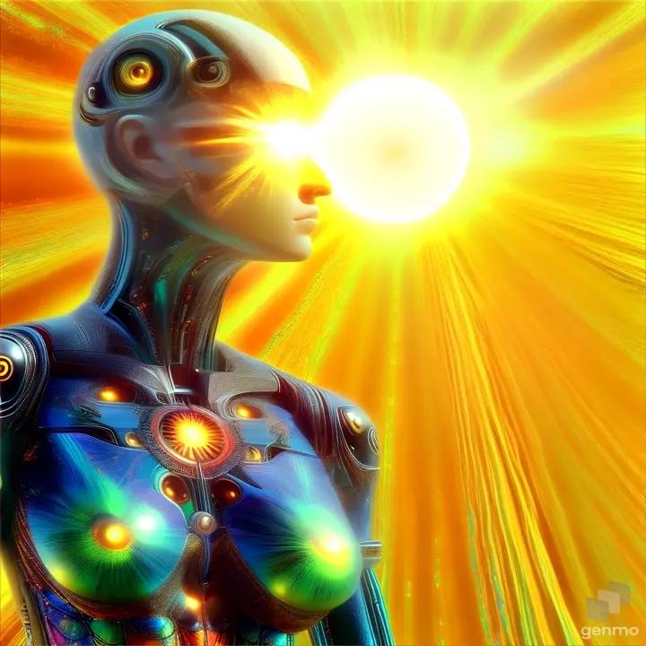 a futuristic woman with a sun in the background