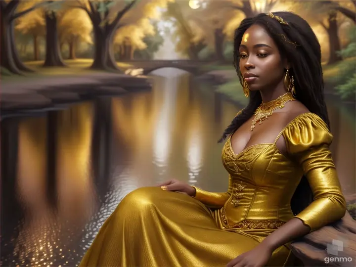 An African-American woman characterized by her natural beauty in golden clothing and adorned with golden jewelry being thrown behind her sits by the river with waters, sitting under the moonlight cascading through the treasures of an enchanted forest glowing with vibrant hues, majestic trees anchoring moonlight, digital painting, dramatic lighting, high contrast, golden ratio positioning.