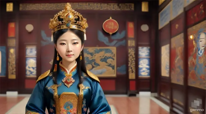 The image shows a character with a blurred face. Surrounded by the environment of the Chinese Dynasty Hall, the character is a beautiful female emperor, smiling happily. The head of the person in the picture was covered. There is a crown-like ornament on the head that looks luxuriously decorated. It had a luxuriously decorated appearance, with long flowing hair, large blue eyes, a slight smile, and wearing exquisite gold jewelry. horizontal image