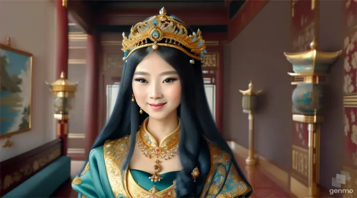 The image shows a character with a blurred face. Surrounded by the environment of the Chinese Dynasty Hall, the character is a beautiful female emperor, smiling happily. The head of the person in the picture was covered. There is a crown-like ornament on the head that looks luxuriously decorated. It had a luxuriously decorated appearance, with long flowing hair, large blue eyes, a slight smile, and wearing exquisite gold jewelry. horizontal image