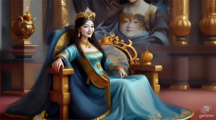 The image shows a character with a blurred face. Surrounded by the environment of the Chinese Dynasty Hall, the character is a beautiful female emperor, smiling happily. The head of the person in the picture was covered. There is a crown-like ornament on the head that looks luxuriously decorated. It had a luxuriously decorated appearance, with long flowing hair, large blue eyes, a slight smile, and wearing exquisite gold jewelry. horizontal image