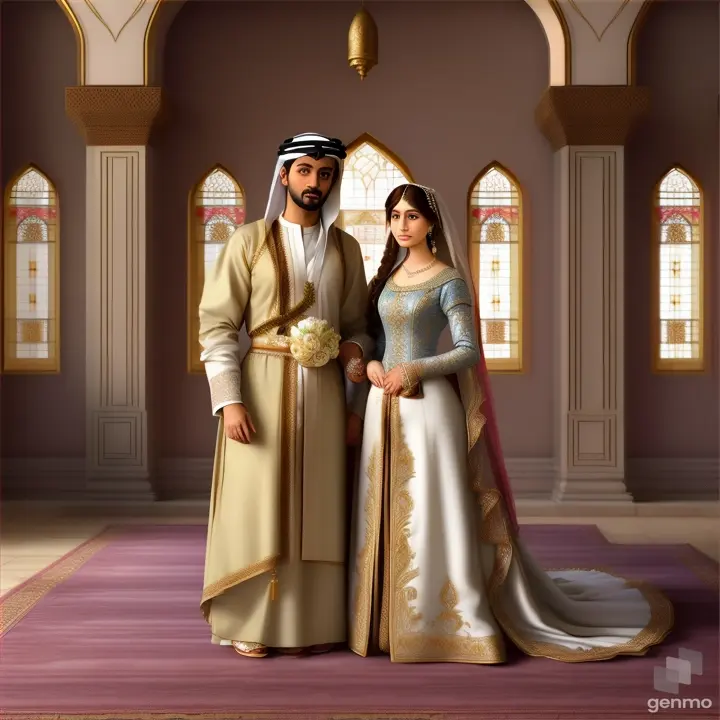 An Arab husband and his wife on their wedding day from the 15th century