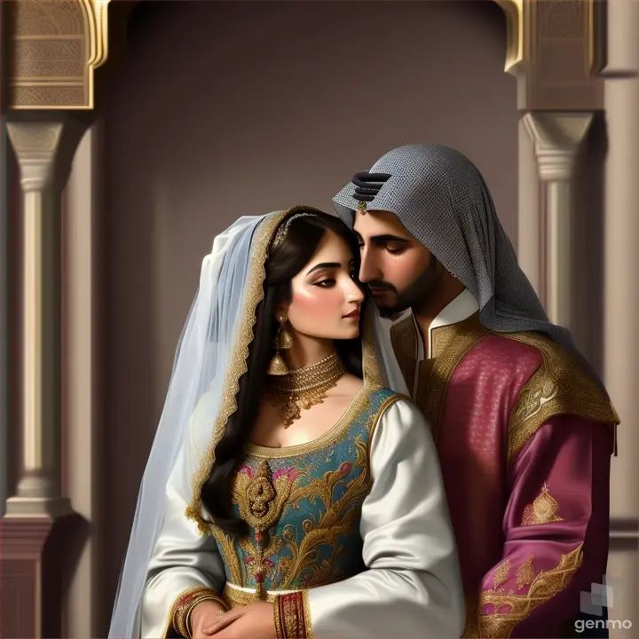 An Arab husband and his wife on their wedding day from the 15th century