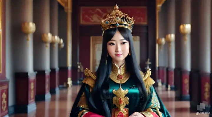 The image shows a character with a blurred face. Surrounded by the environment of the Chinese Dynasty Hall, the character is a beautiful female emperor, smiling happily. The head of the person in the picture was covered. There is a crown-like ornament on the head that looks luxuriously decorated. It had a luxuriously decorated appearance, with long flowing hair, large blue eyes, a slight smile, and wearing exquisite gold jewelry. horizontal image