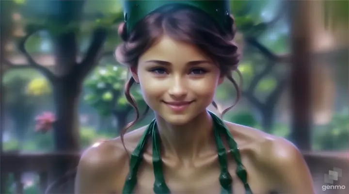 The wooman smiles against the backdrop of a green garden