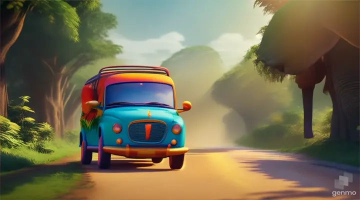 3d cartoon elephant drive car in jungle 