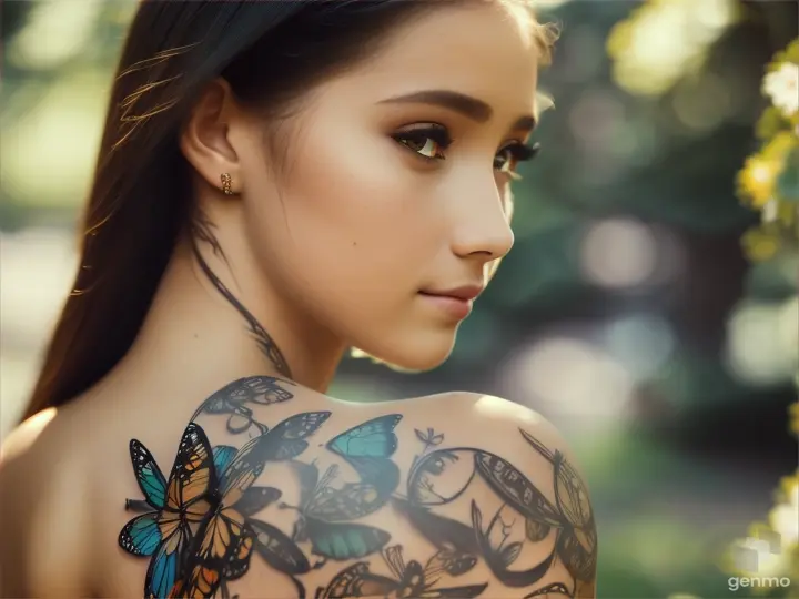 22 year old girl a butterfly tattoo on her weast 