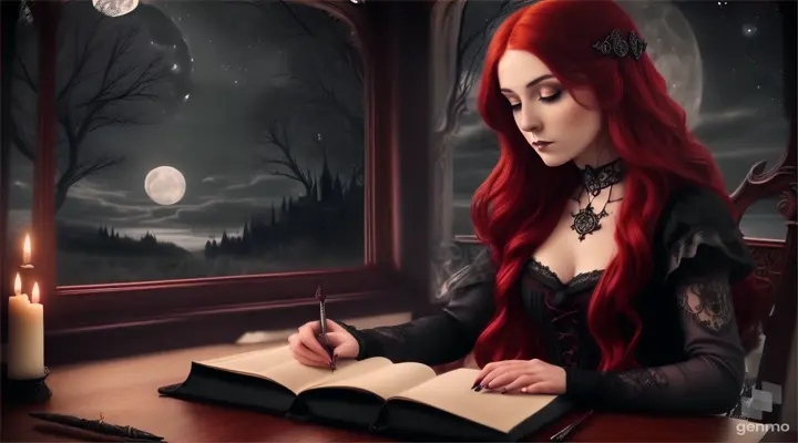 A beautiful gothic goddess with long rose-red hair sitting in front of the window writing in her journal, night, moon, stars, landscape