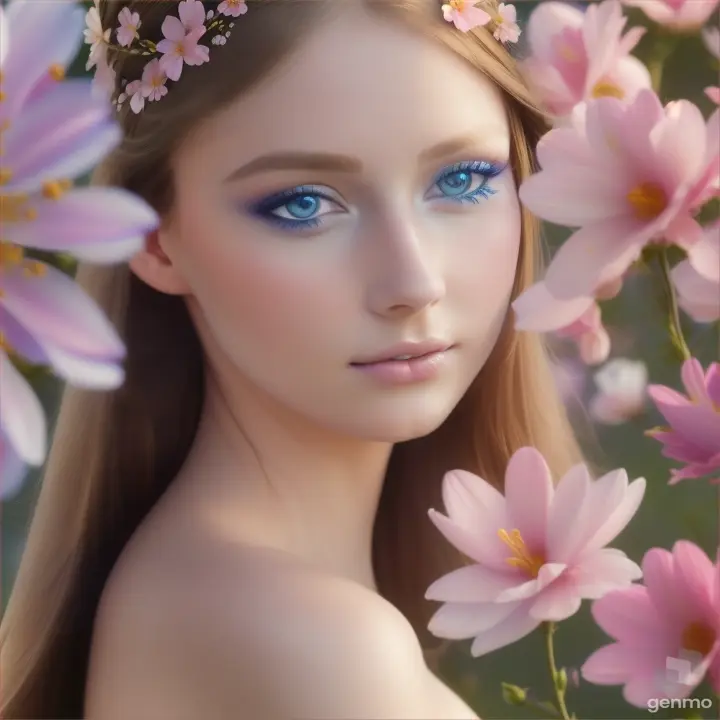 A beautiful European young woman opens her eyes and closes her eyelids. The girl blinks slowly. The only one flower in a girl's hair.
