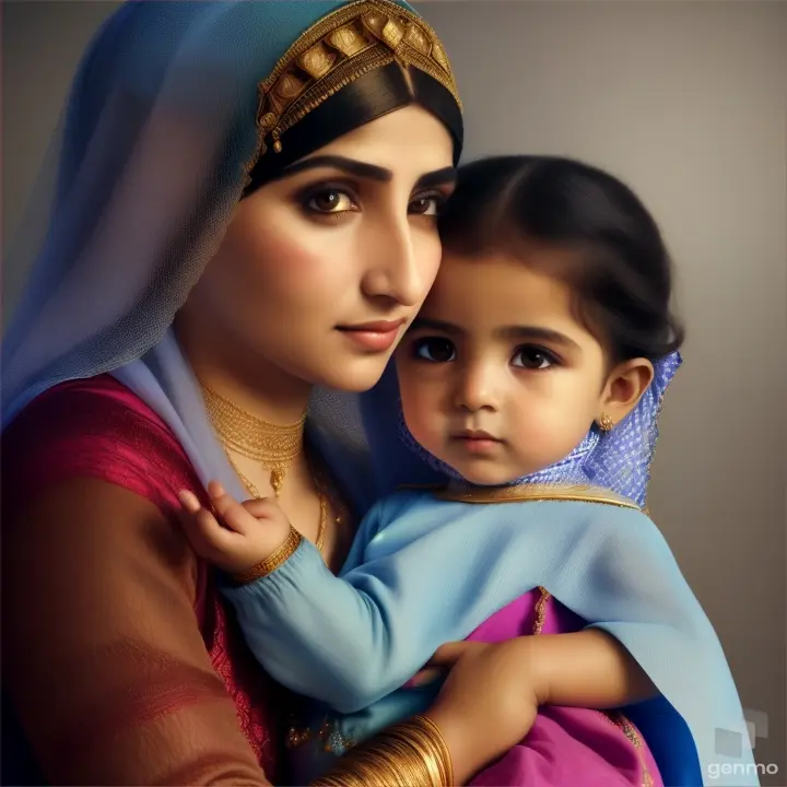 An Arab woman holding her young child from the 15th century