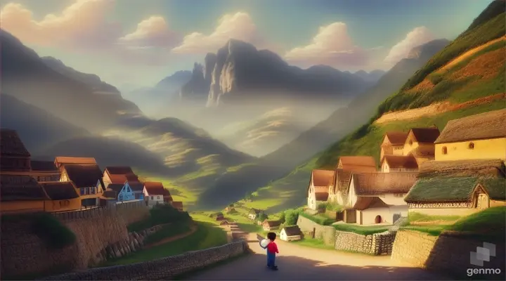  Create an image of a quaint village with a small boy named "Chhota Babbu" standing in the center, looking up at the sky with dreams in his eyes.
