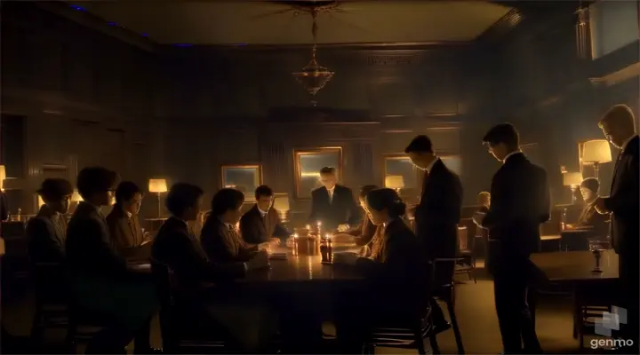 a group of people sitting around a table in a dark room in realism style 