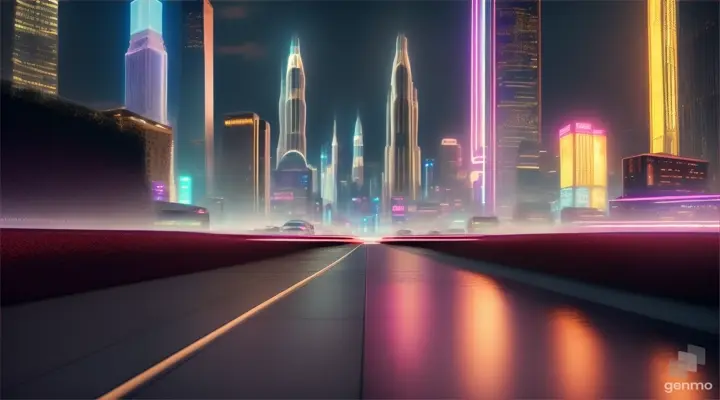 photorealistic futuristic city at street level, skyscrapers, neon lights, late evening, high definition,