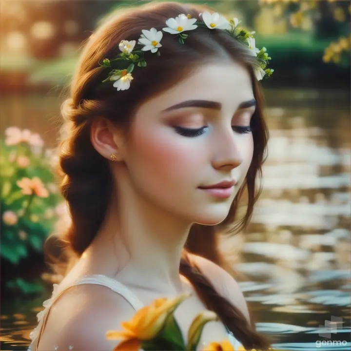 A beautiful European young woman opens her eyes and closes her eyelids. The girl blinks slowly. The only one flower in a girl's hair.
