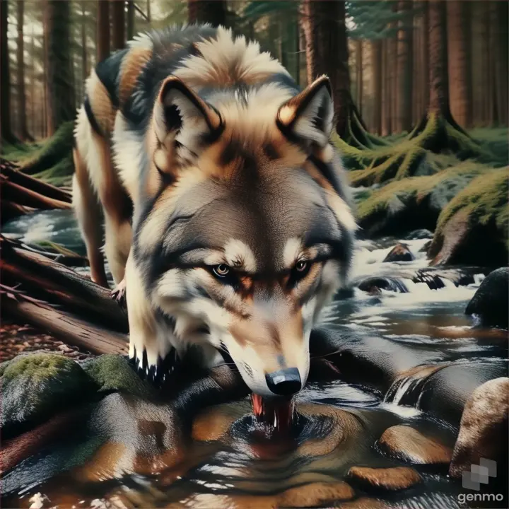 a wolf drinking water from a stream in a forest
