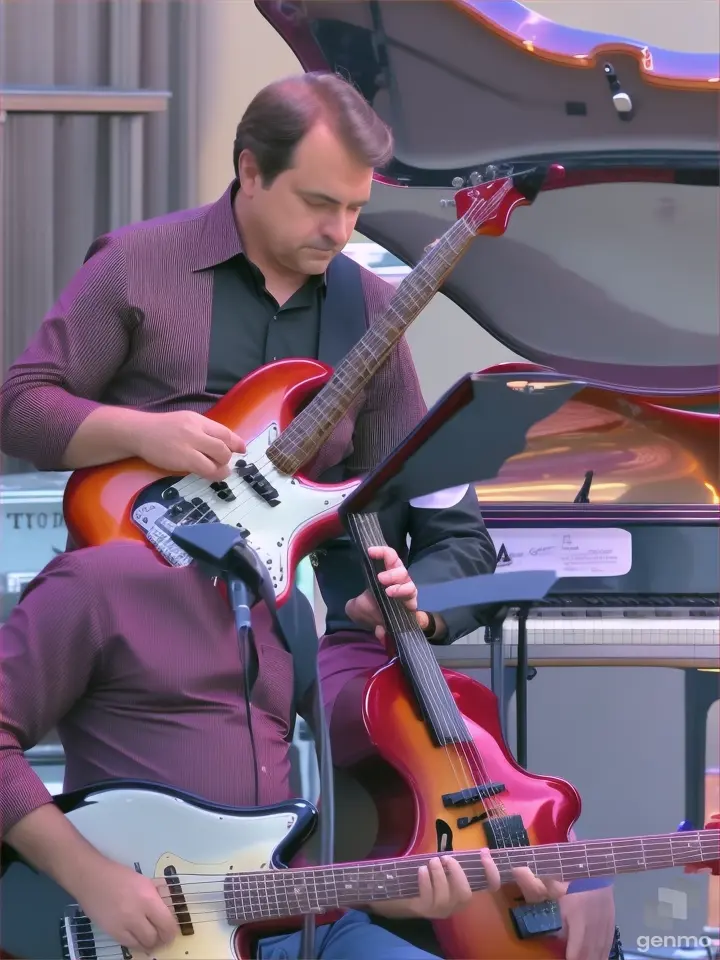 a man in a maroon shirt playing an electric bass guitar in front of a piano player, jazz band.