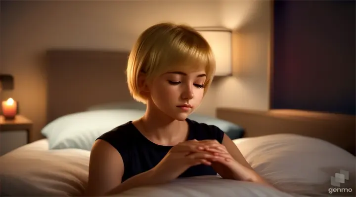 A girl with blonde short hair meditates on a bed at night, 16:9