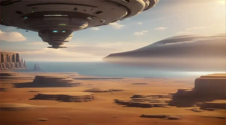 mankind being friends with aliens with an alien species making first contact, with ufo in the background in a beautiful landscape