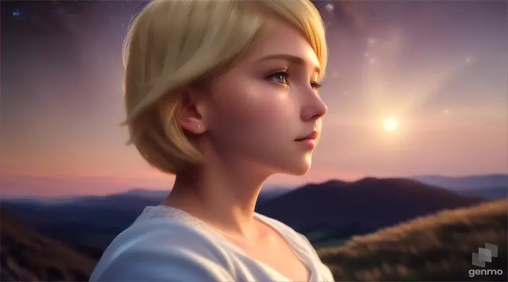 A girl with blonde short hair in a white dress looks up at the stars at night, 16:9