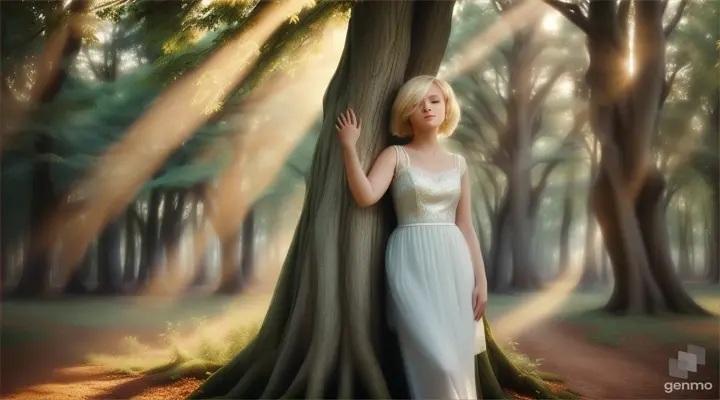 A girl with blonde short hair in a white dress hugs a tree in the forest, 16:9