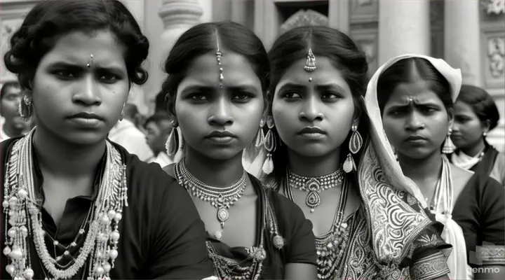 a black and white photo of a group of east Indian people