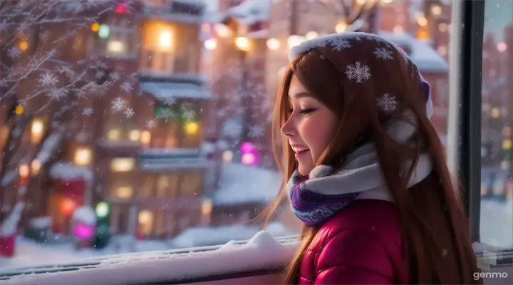 Una joven con el pelo largo morena de espaldas viendo por la ventana nevar en una gran ciudad. Anime