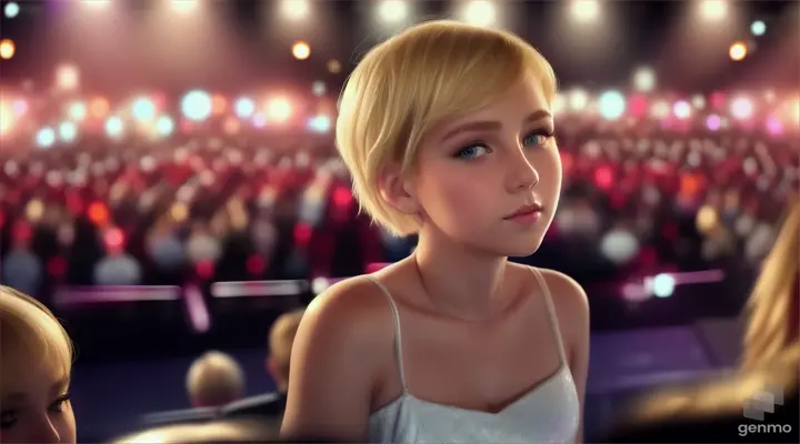 A girl with short blonde hair in a white dress sits at a concert with a sad look on her face, 16:9