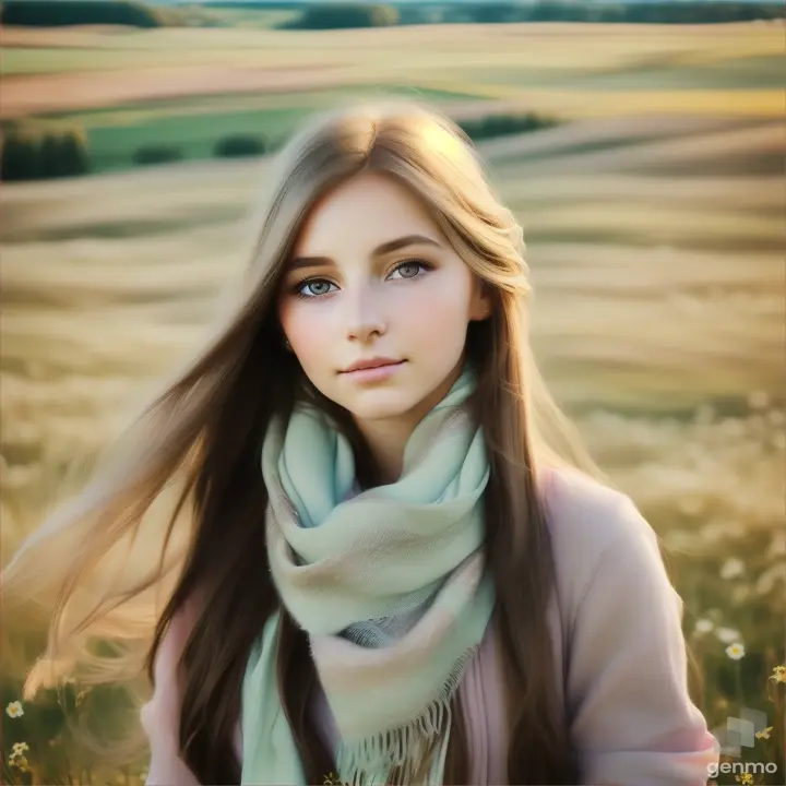 European girl opening/closing eyes, hair flowing in the wind with a silky scarf