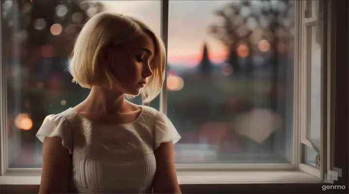 A girl with short blonde hair in a white dress sits on a windowsill and looks sadly at the night sky, 16:9