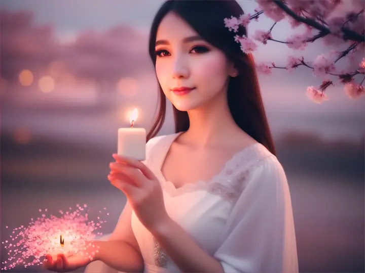 A woman in a white dress holding a candle, standing in front of a magical haze of falling cherry blossom petals, looking out over the city skyline at dusk