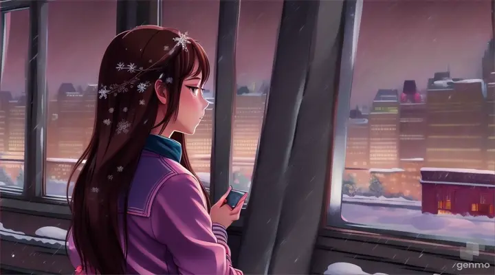 Una joven con el pelo largo morena de espaldas viendo por la ventana nevar en una gran ciudad. Anime