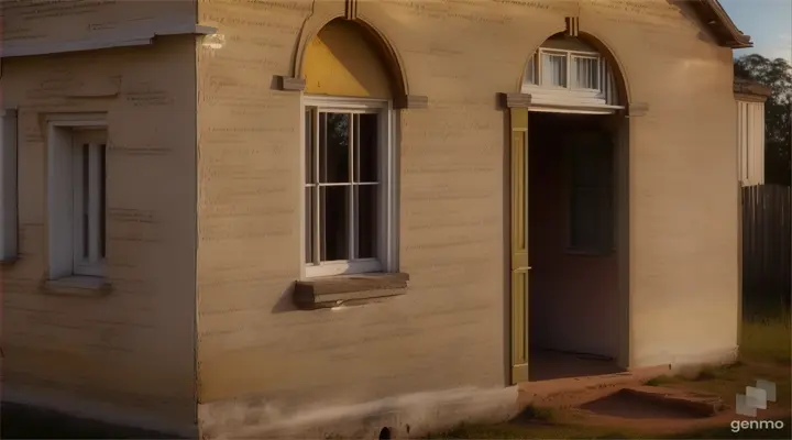 realistic photo of a poor, set in 1845 Trinidad, clay old house, golden hour