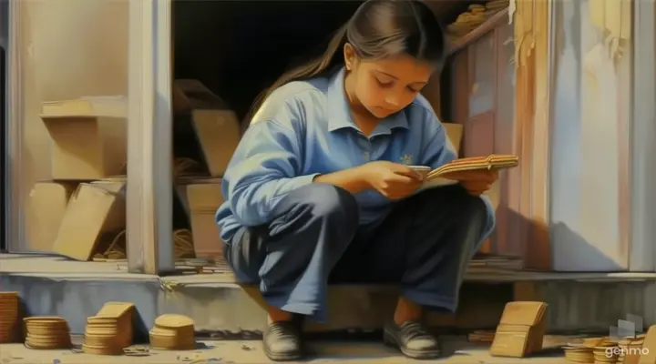 a painting of a girl sitting on the ground next to stacks of coins