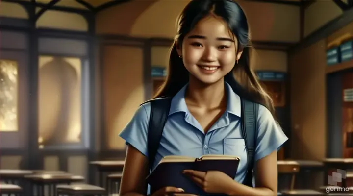 a girl in a blue shirt is holding a book