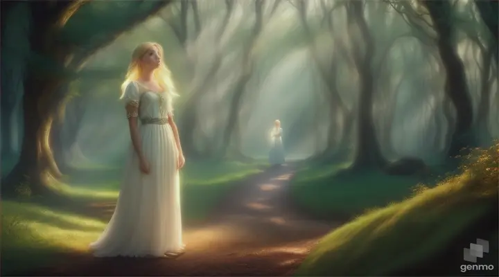 A girl with short blonde hair in a white dress communicates with spirits, 16:9