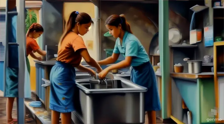 a painting of two girls washing dishes in a sink