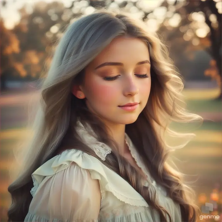 European girl opening/closing eyes, hair flowing in the wind with a silky scarf, posed in a vintage romance-novel cover style with gentle pastel hues and soft light