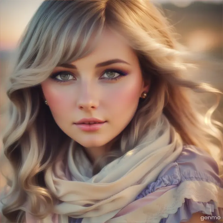 European girl opening/closing eyes, hair flowing in the wind with a silky scarf, posed in a vintage romance-novel cover style with gentle pastel hues and soft light
