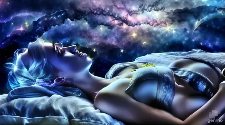 a woman laying on top of a bed under a blanket
