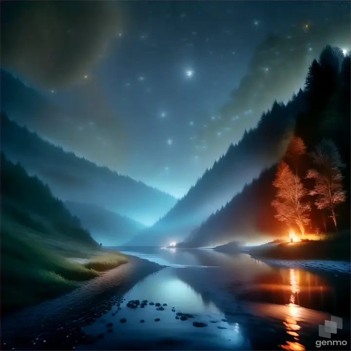 A lone hiker walking on a moonlit path on a river, surrounded by dark trees and stars above