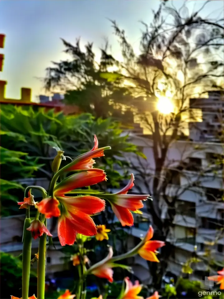 a close up of a flower near a building