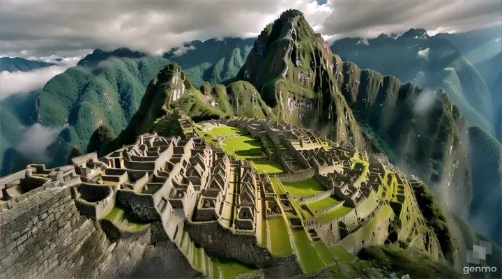 Animated depiction of Machu Picchu ruins surrounded by misty mountains.
