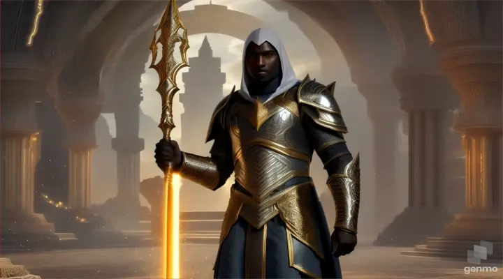 dark-skinned Black Muslim warrior Man young hero in a long mystic white and gold armor accents to a mostly cloth outfit with a powerful staff with a clean-shaven face, mystical, majestic, futuristic, using mystic powers, landscape-video size