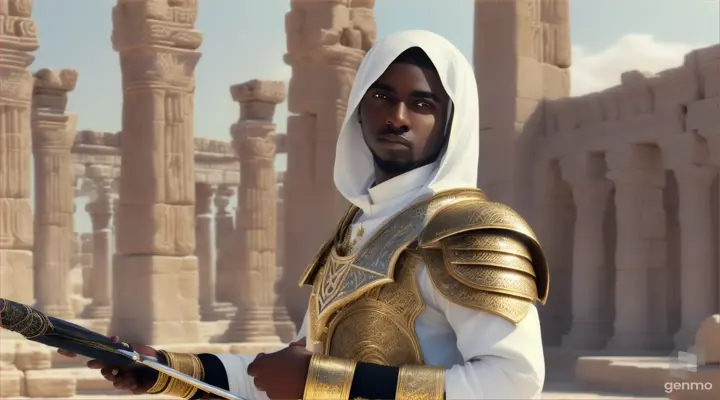 dark-skinned Black Muslim warrior Man young hero in a long mystic white and gold metal accents to a mostly cloth outfit with a powerful staff with a clean-shaven face, mystical, majestic, futuristic, using mystic powers, landscape-video size