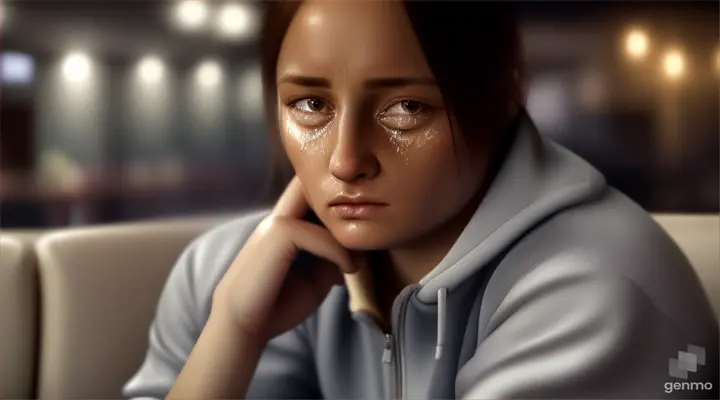 photorealistic, crying, woman, sitting on a pub sofa, in track suit, medium close, lifelike,