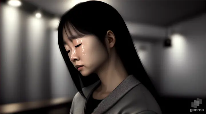 photorealistic, crying, Japanese woman, standing alone in a pub, in track suit, medium shot, lifelike, monochrome,