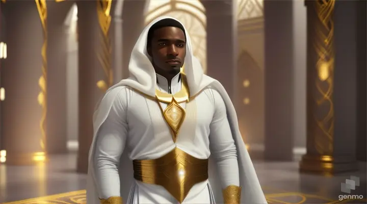 dark-skinned Black Muslim Man young hero in a long mystic white  cloth outfit with gold metal accents and a clean-shaven face, mystical, majestic, futuristic, using mystic powers, landscape-video size