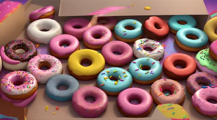 3d cartoon animation of a box of donuts on a table 