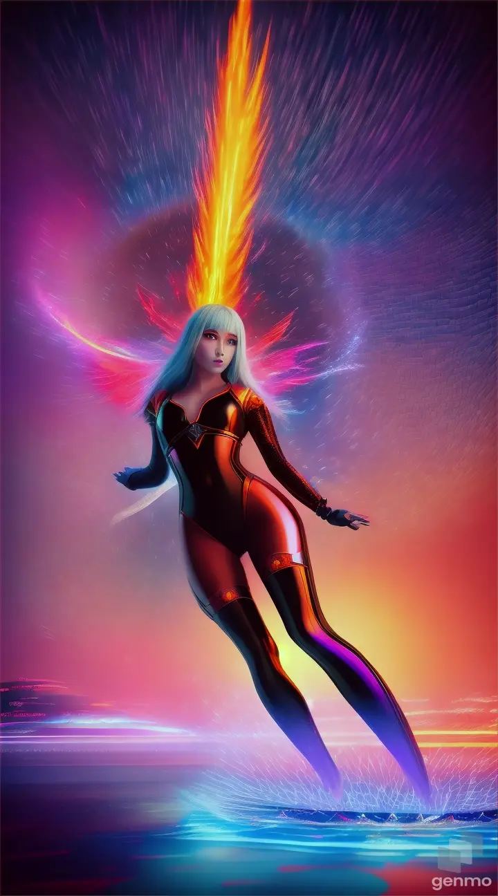 Create an image: a woman levitates, merging with ice and fire against space. Realistic details, vibrant pop art colors, surreal elements, futuristic backdrop. Blend styles for a captivating, cohesive scene.