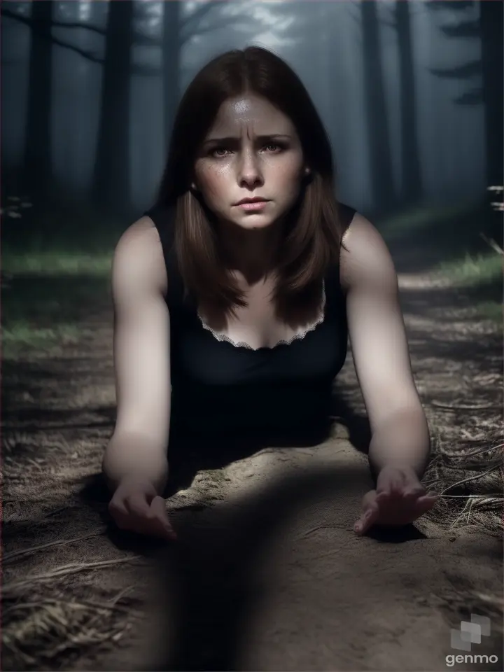 Full HD sharp full body scene ,realistic beautiful face woman human details, brown hair ,in casual clothes, hurt cut on neck fake blood, ,she crying expression, laying down crawling dynamic fear night low light scene in the woods at dark night”